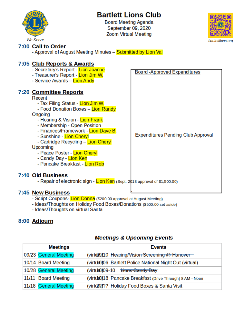 September 2019 Board Meeting Agenda