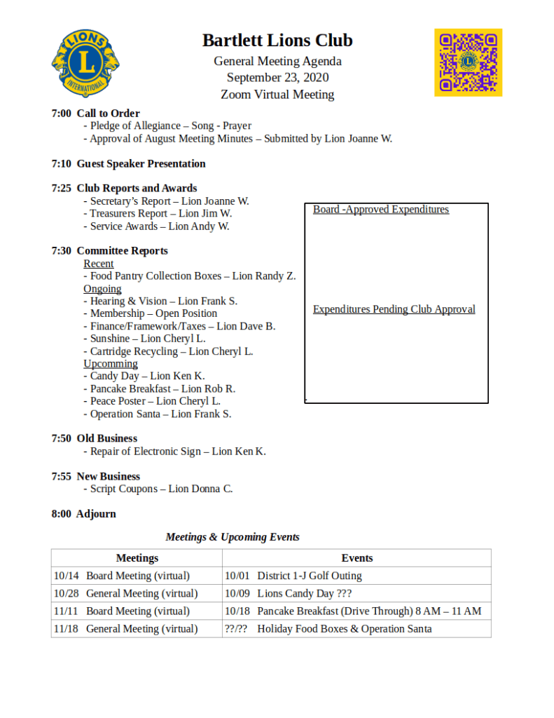 September 2020 General Meeting Agenda